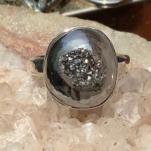 Platinum Aura Druzy Quartz 925 Sterling Silver Ring, Size 7